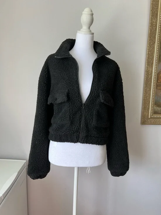 Dazy Black Zip-Up Cropped Faux Shearling Teddy Jacket Size S - Picture 3 of 12